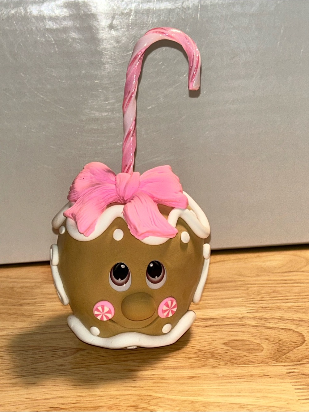 Pink-Bow Fake Gingerbread Apple Home Accent with Candy Cane